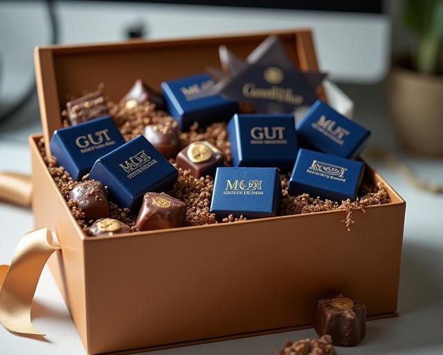 Elegant gift basket with custom branded company chocolates.
