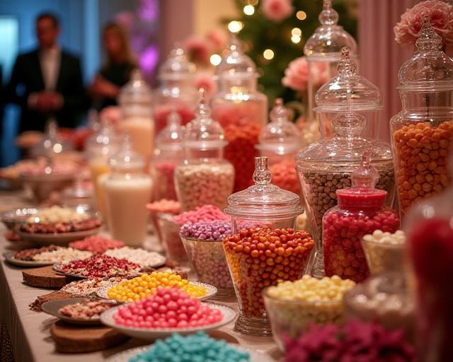 A lavish and colourful candy buffet setup at a wedding reception.