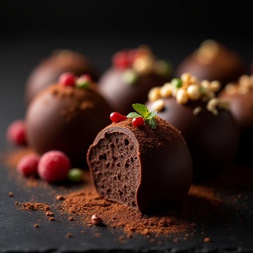 Exquisite gourmet chocolate truffles with various toppings.