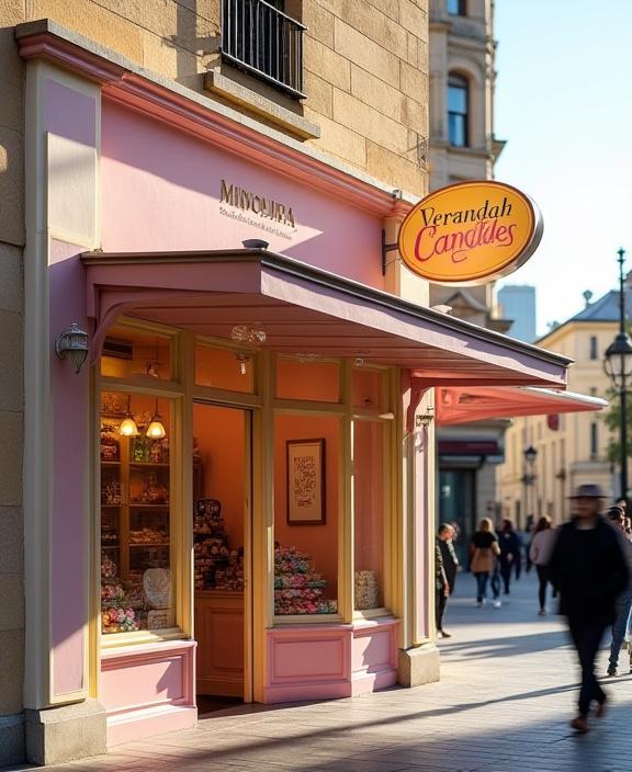 The charming exterior of the Verandah Candies shop on King Street, Melbourne.